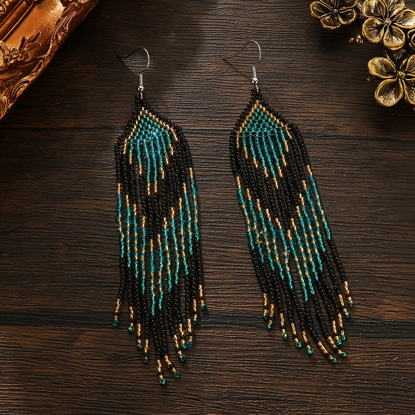 Women's Handmade Beaded Tassel Earrings, Two-Tone Set